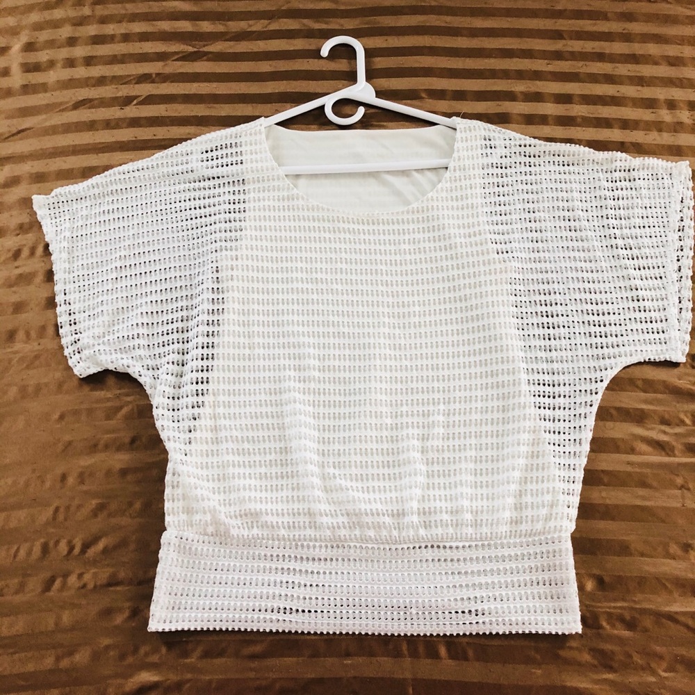 White silk tank top with mesh overlay